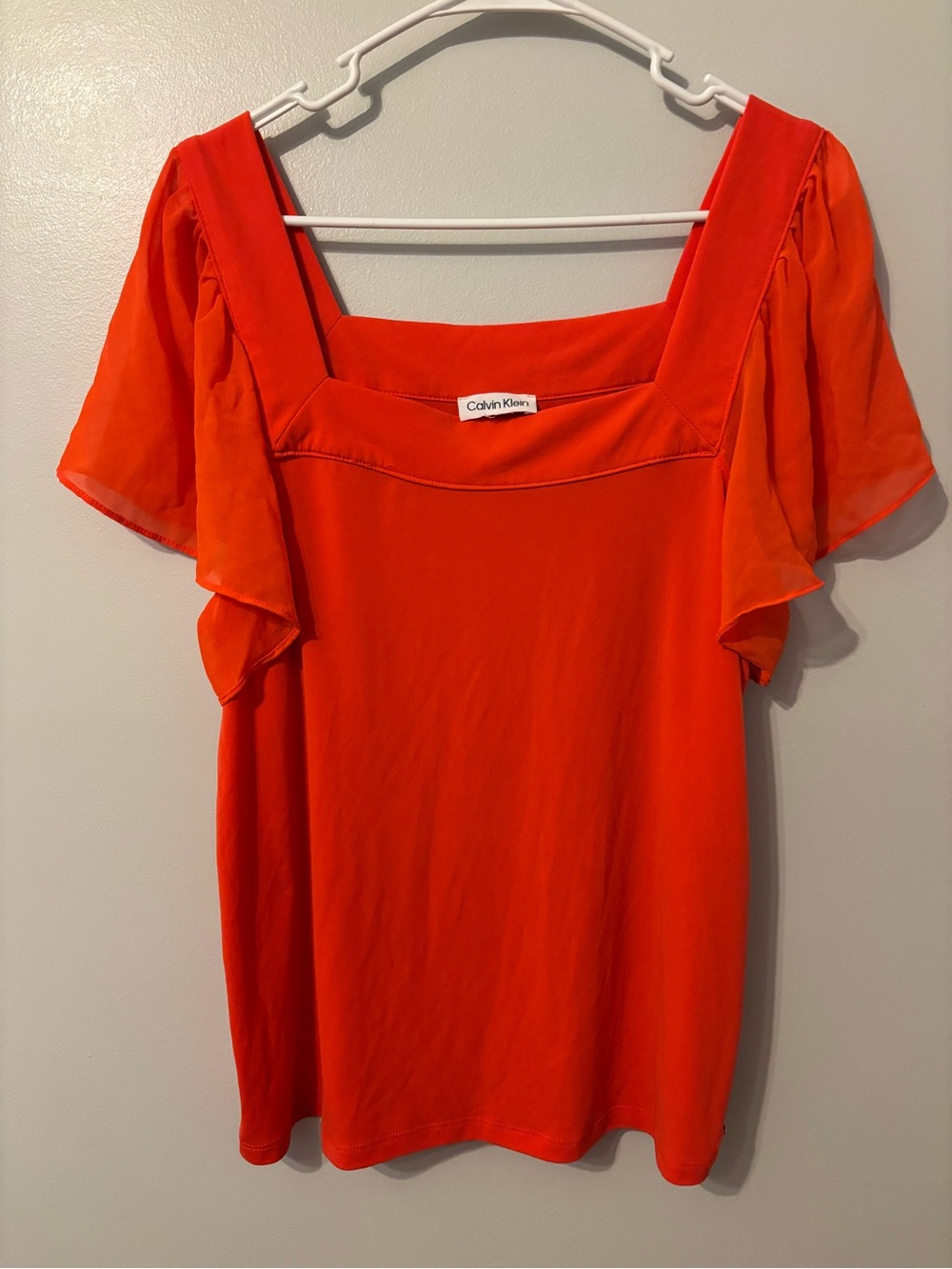 Calvin Klein Bright Orange Square Neck Flutter Sleeve Blouse
